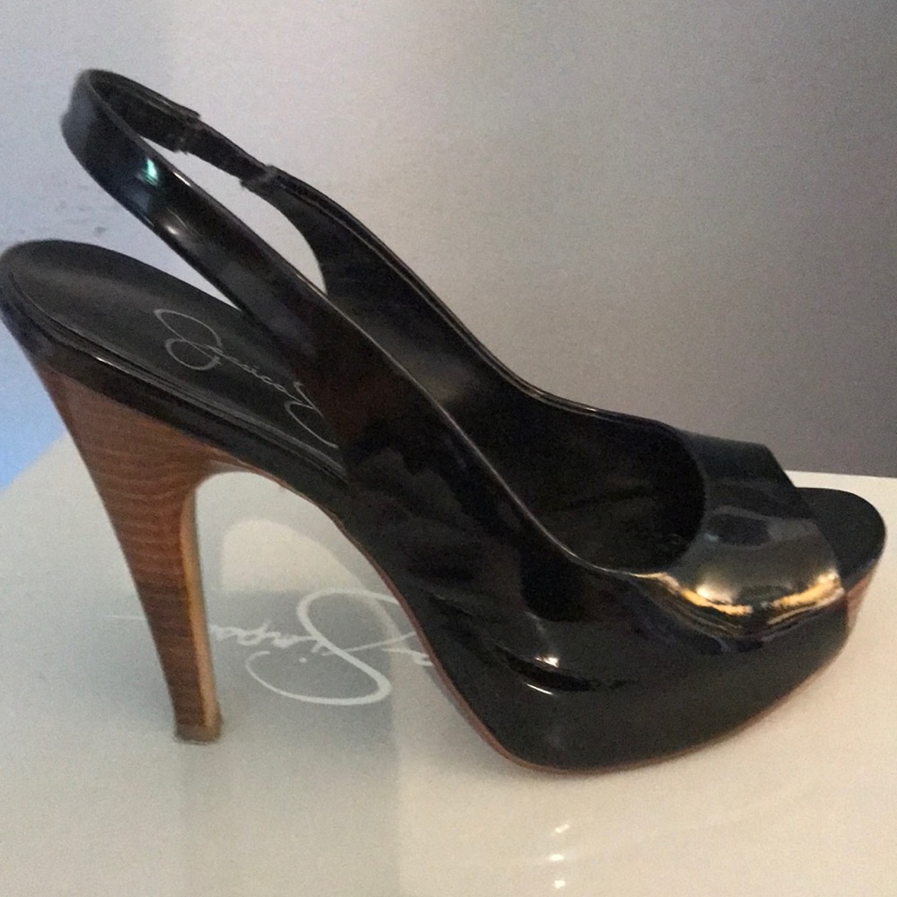 Black patent leather peep toes heels